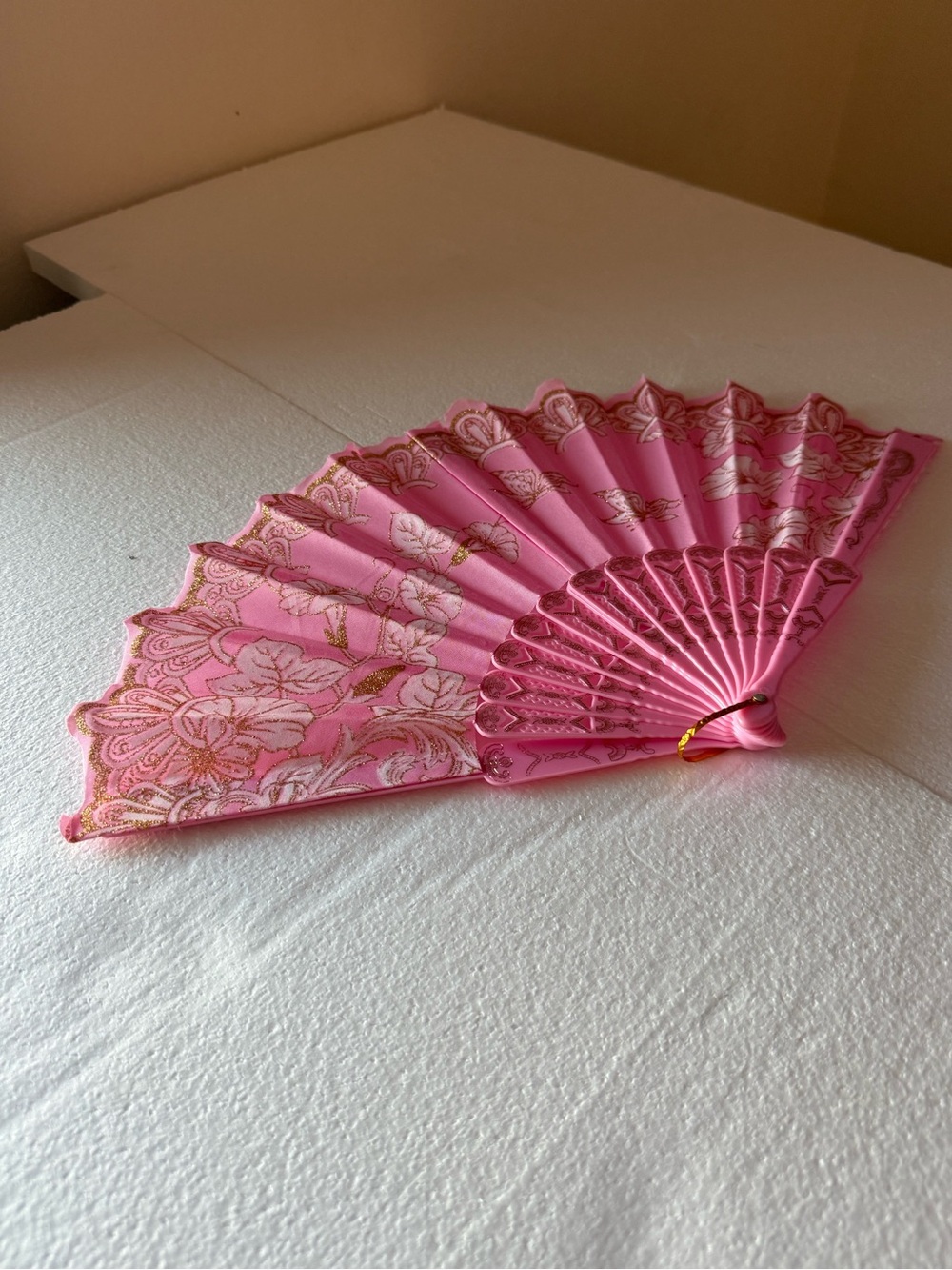 Pink Decorative Folding Hand Fan with Gold Floral Detail